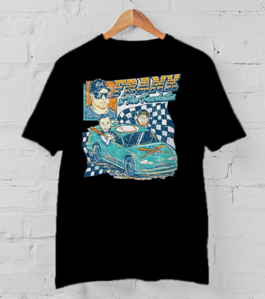 Frank And The Frankettes Racing Car Adventure With Checkered Flags And Cartoon Characters T-Shirt