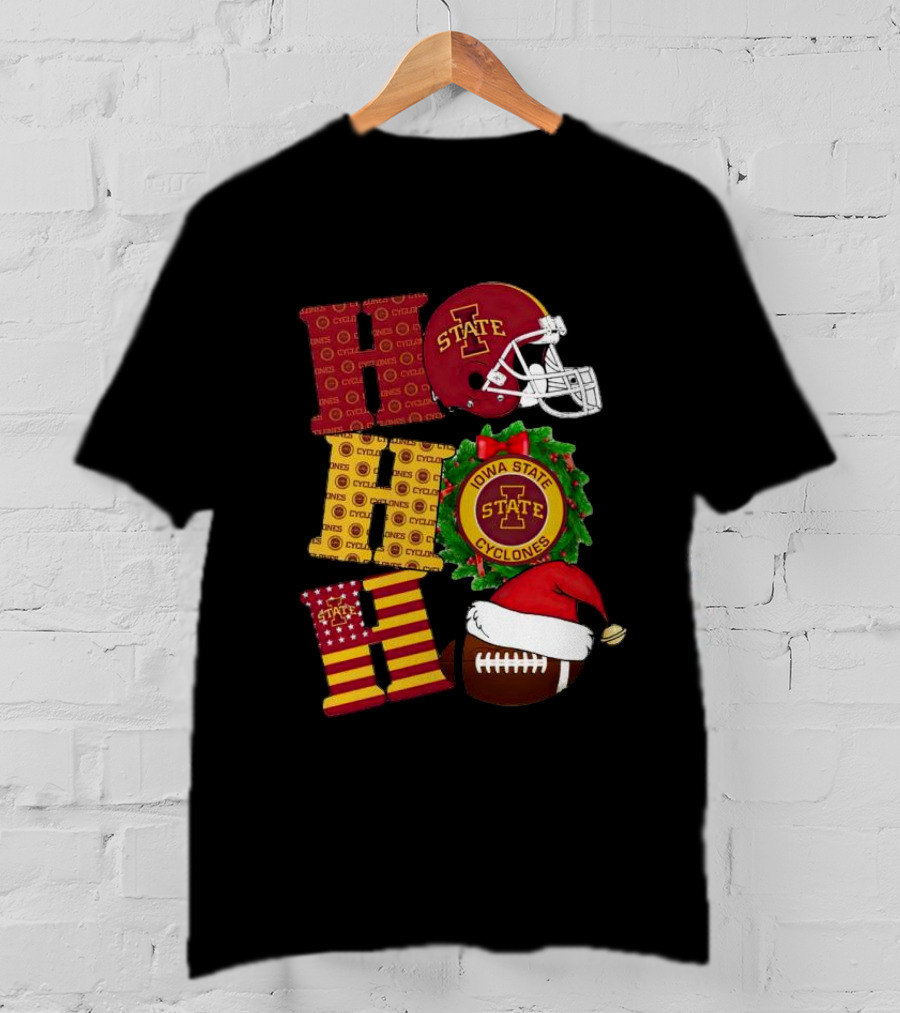 Iowa State Cyclones Christmas Football Helmet And Wreath Ho Ho Ho T-Shirt
