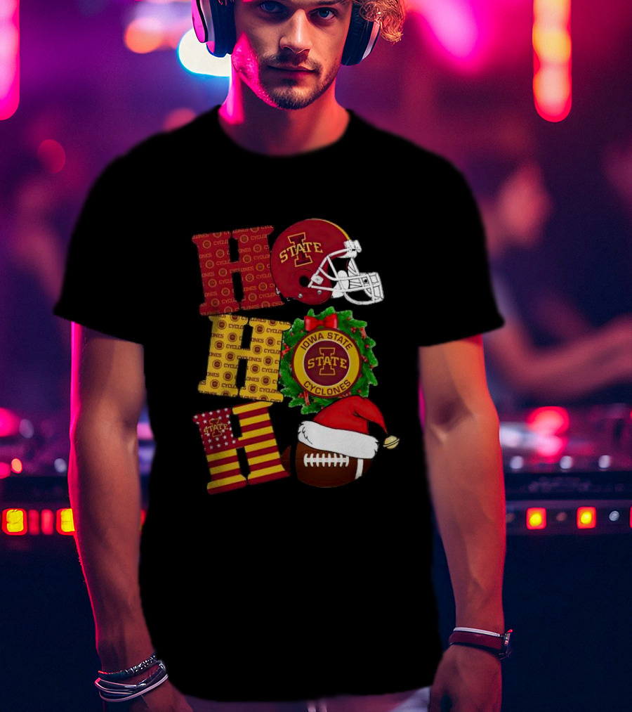 Iowa State Cyclones Christmas Football Helmet And Wreath Ho Ho Ho T-Shirt