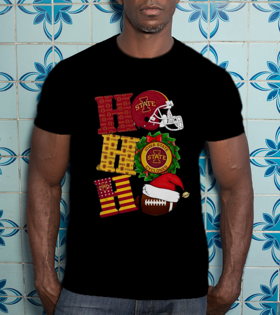 Iowa State Cyclones Christmas Football Helmet And Wreath Ho Ho Ho T-Shirt