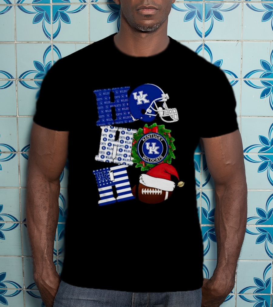 Kentucky Wildcats Ho Ho Ho Football Helmet Wreath Christmas T-Shirt