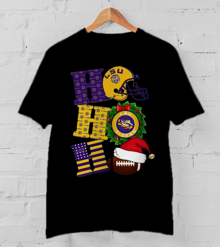 LSU Tigers Christmas Helmet Wreath Football Ho Ho Ho T-Shirt