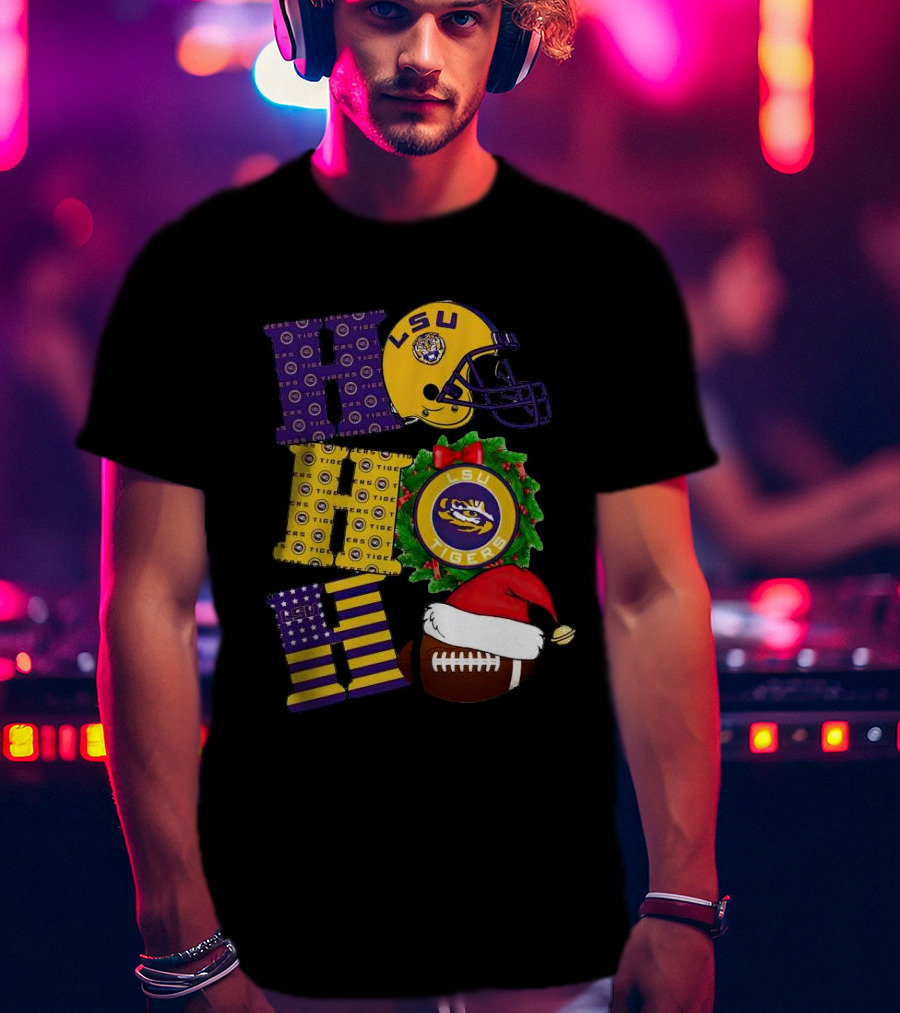 LSU Tigers Christmas Helmet Wreath Football Ho Ho Ho T-Shirt