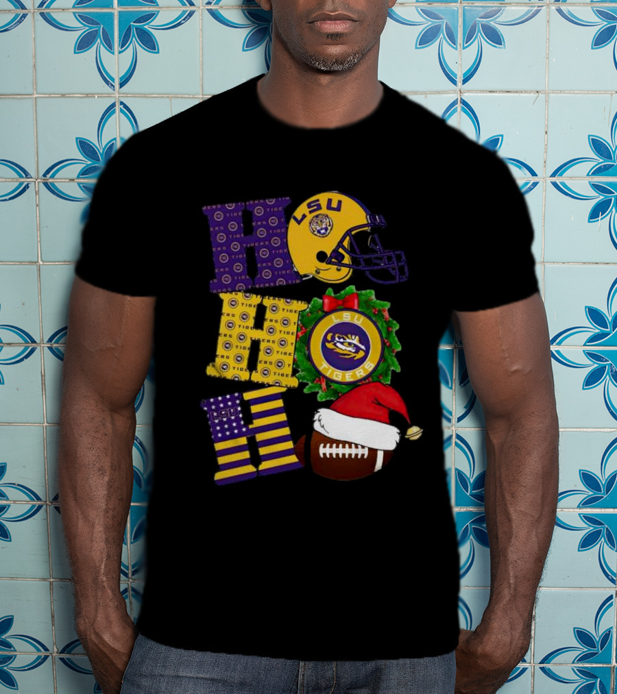 LSU Tigers Christmas Helmet Wreath Football Ho Ho Ho T-Shirt