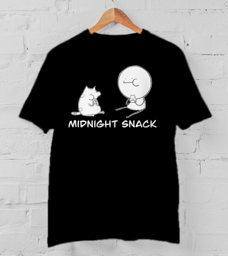 MIDNIGHT SNACK Cat And Stick Figure Eating Pizza T-Shirt