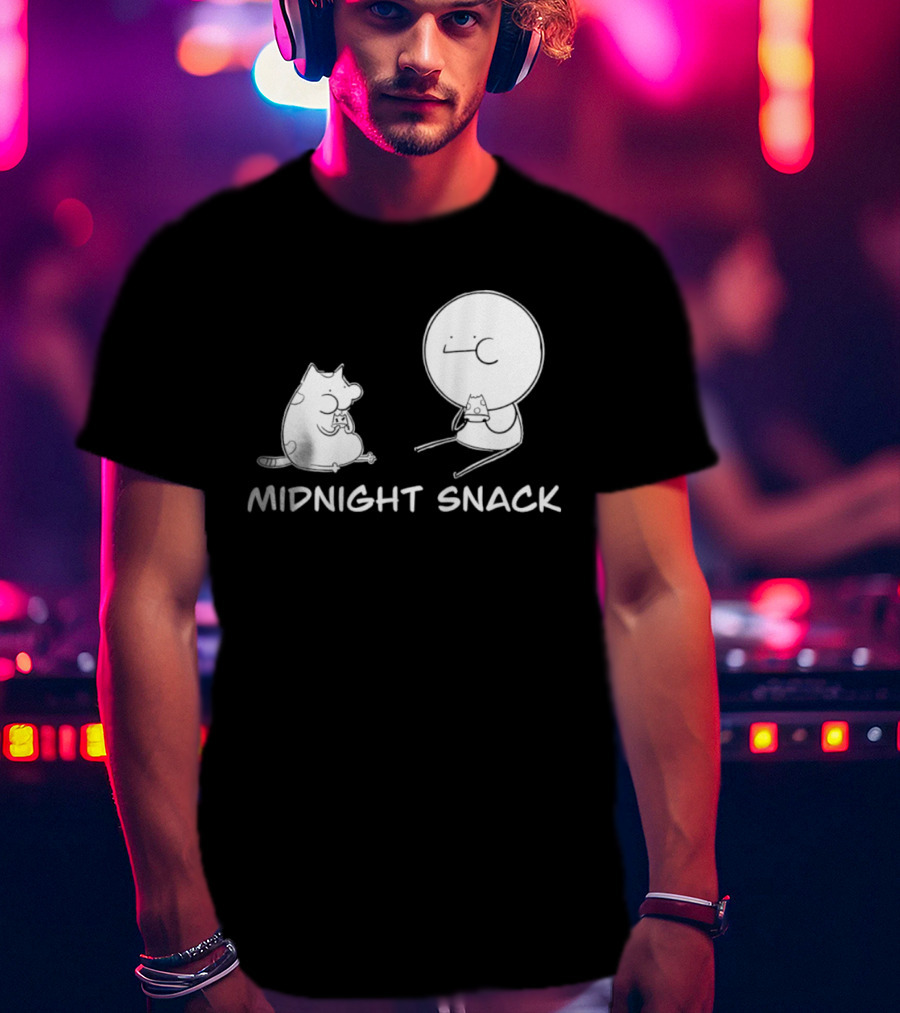 MIDNIGHT SNACK Cat And Stick Figure Eating Pizza T-Shirt