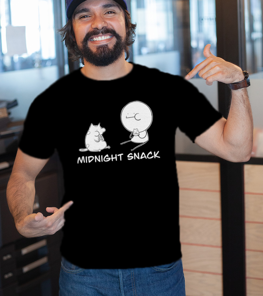 MIDNIGHT SNACK Cat And Stick Figure Eating Pizza T-Shirt