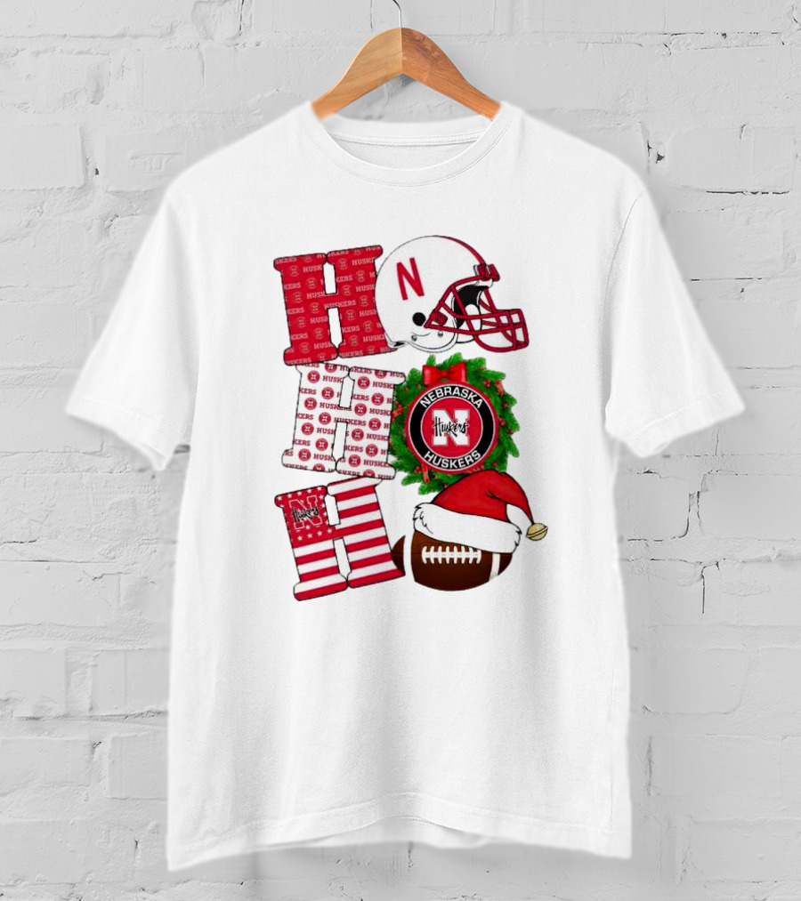 Nebraska Cornhuskers Ho Ho Ho Christmas Football Helmet Wreath Santa Hat Football T-Shirt