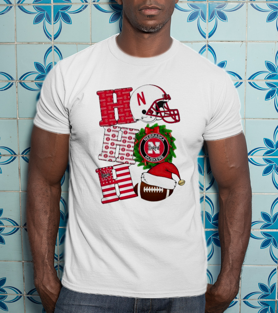 Nebraska Cornhuskers Ho Ho Ho Christmas Football Helmet Wreath Santa Hat Football T-Shirt