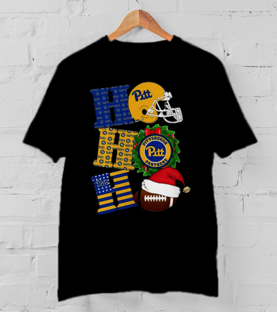 Pitt Panthers Christmas Helmet Wreath Football Ho Ho Ho T-Shirt