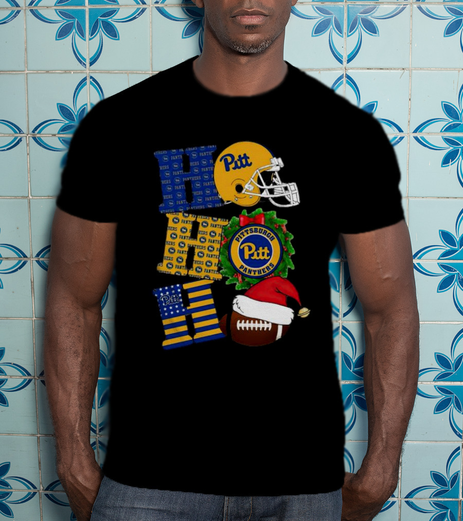 Pitt Panthers Christmas Helmet Wreath Football Ho Ho Ho T-Shirt