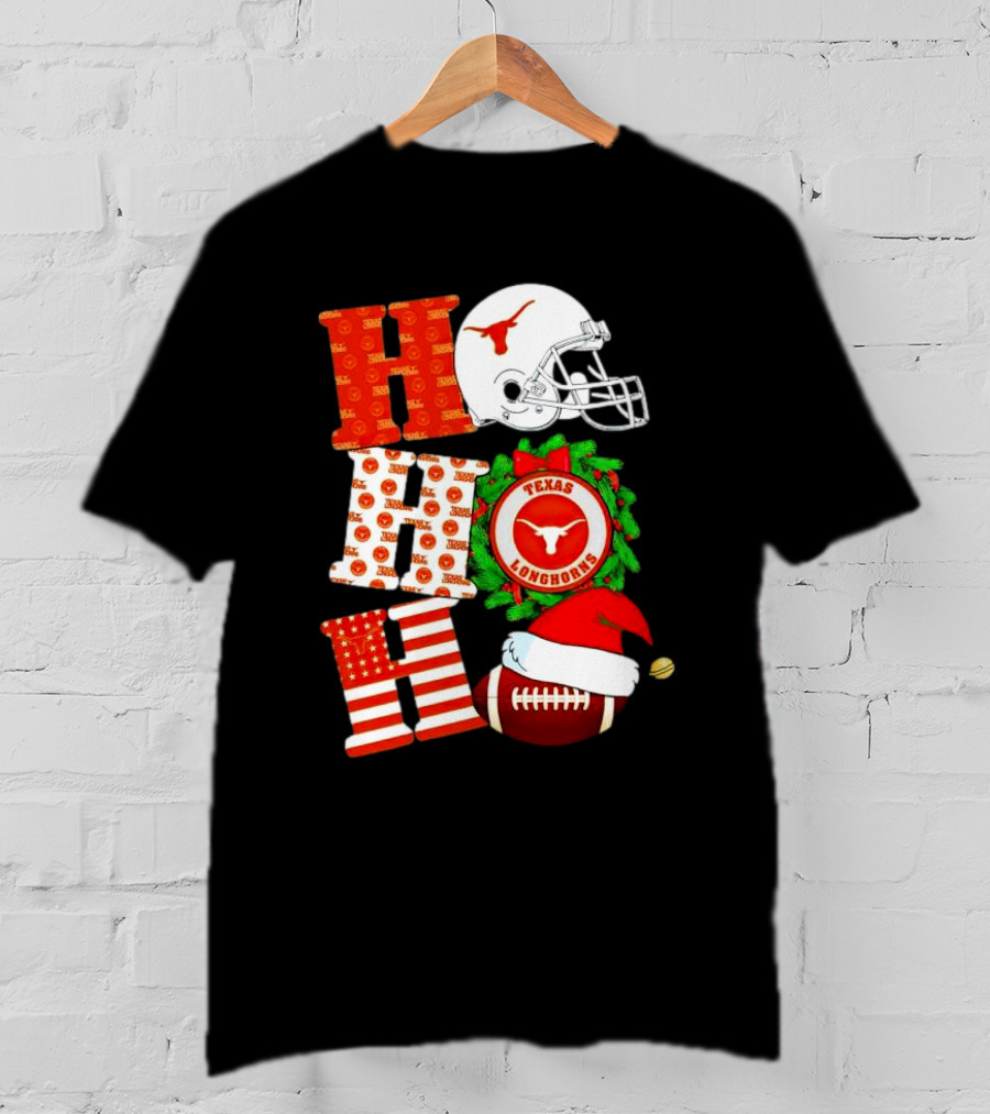 Texas Longhorns Ho Ho Ho Christmas Football Helmet Wreath Santa Hat T-Shirt