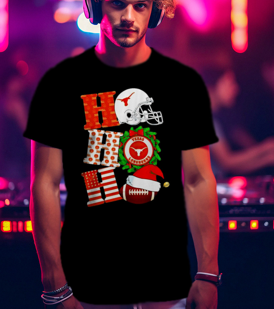 Texas Longhorns Ho Ho Ho Christmas Football Helmet Wreath Santa Hat T-Shirt
