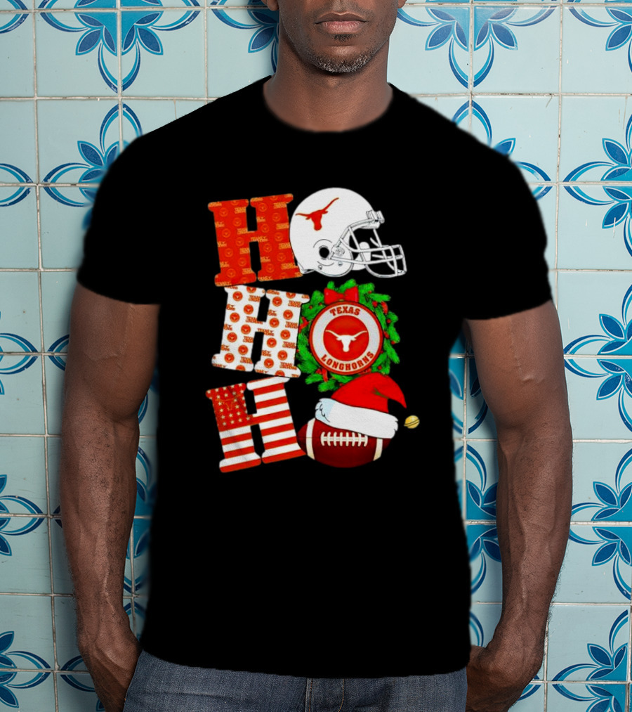 Texas Longhorns Ho Ho Ho Christmas Football Helmet Wreath Santa Hat T-Shirt