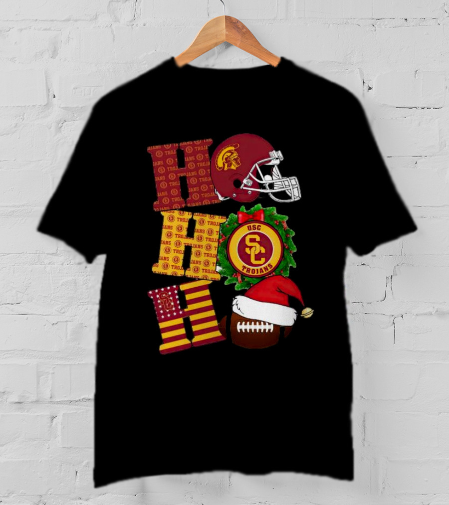 USC Trojans Ho Ho Ho Christmas Helmet Wreath Football Santa Hat T-Shirt