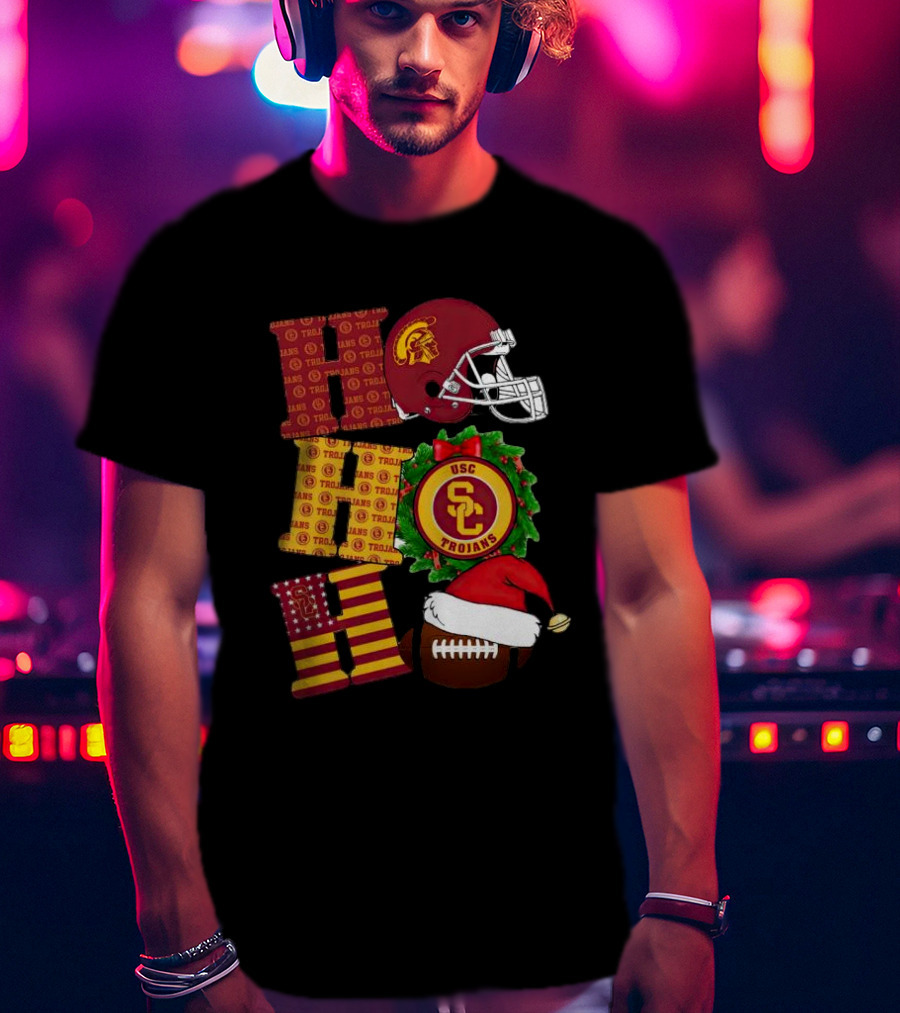 USC Trojans Ho Ho Ho Christmas Helmet Wreath Football Santa Hat T-Shirt