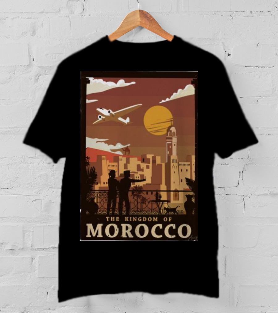 The Kingdom Of Morocco Skyline View With Airplane And Sunset Scene T-Shirt