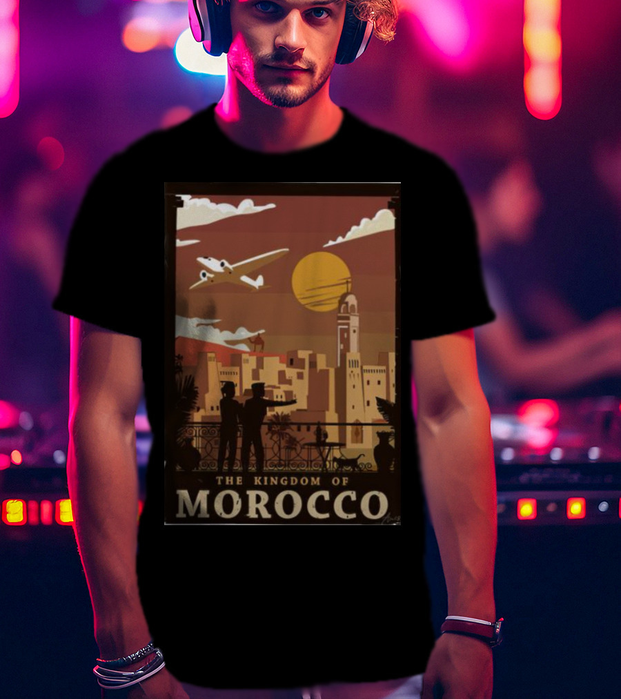 The Kingdom Of Morocco Skyline View With Airplane And Sunset Scene T-Shirt