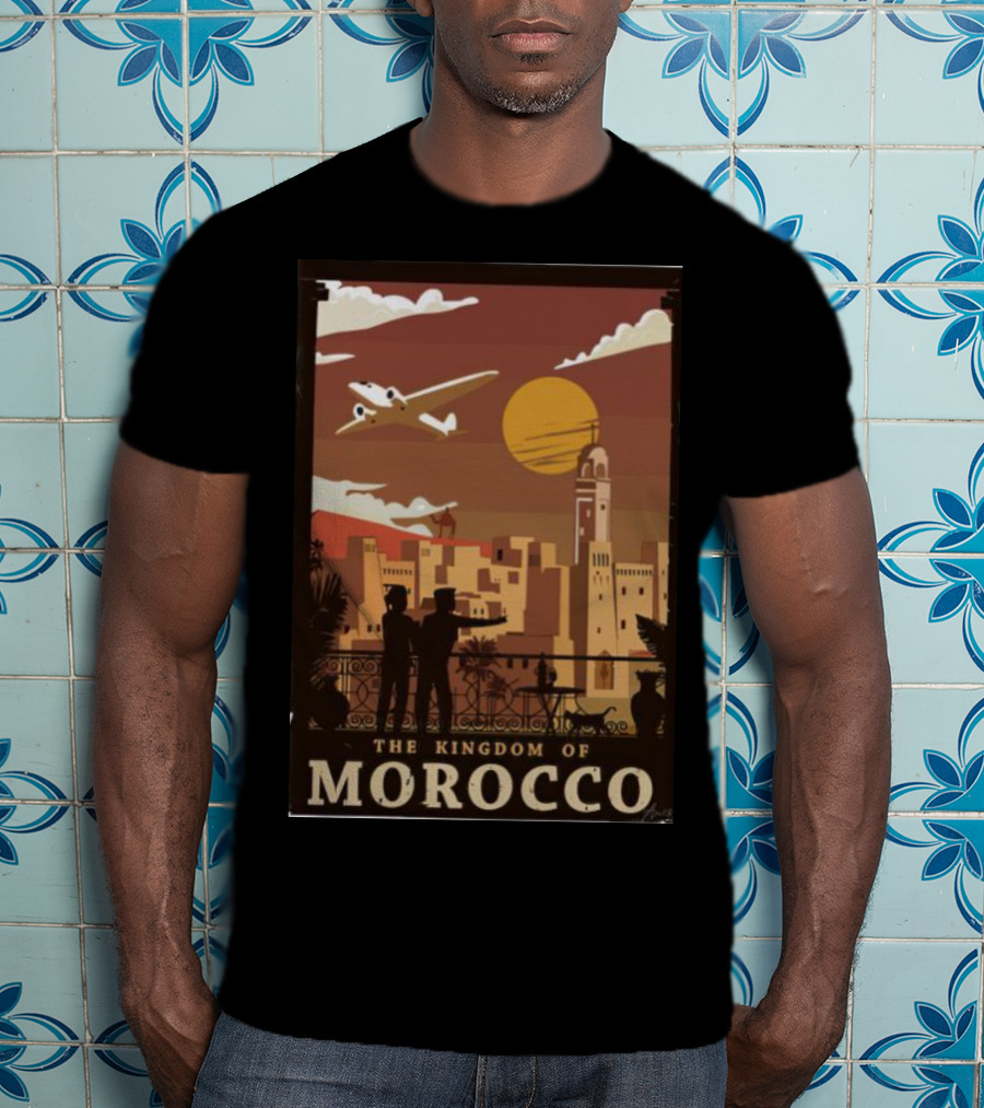 The Kingdom Of Morocco Skyline View With Airplane And Sunset Scene T-Shirt