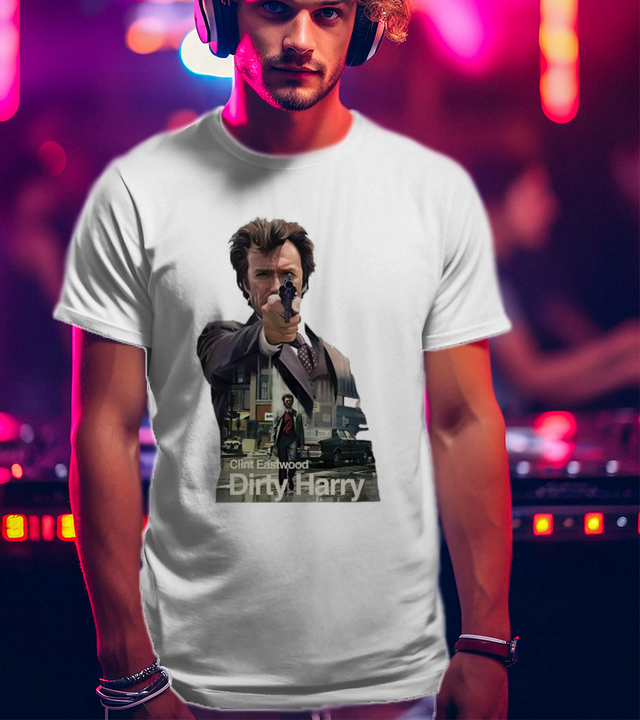 Clint Eastwood Dirty Harry Iconic Movie Scene With Gun And Urban Background T-Shirt