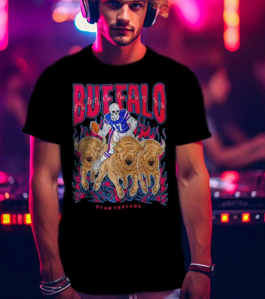 Buffalo Football Dead Threads Skeleton Quarterback Riding Buffalos T-Shirt