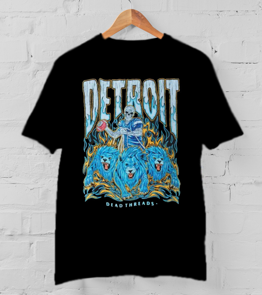 Detroit Dead Threads Football Skeleton And Blue Lions T-Shirt