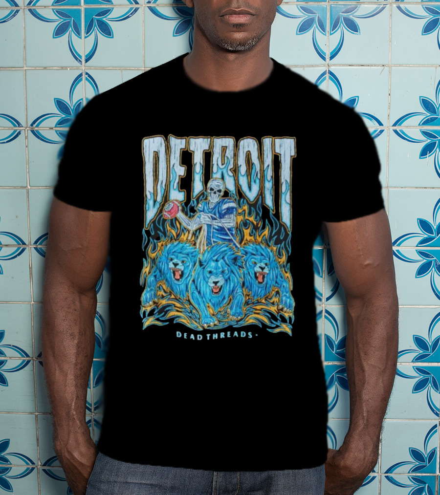 Detroit Dead Threads Football Skeleton And Blue Lions T-Shirt
