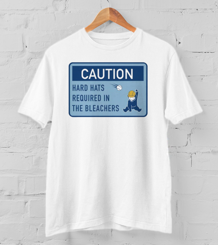 Caution: Hard Hats Required In The Bleachers With Cartoon Worker And Falling Object T-Shirt
