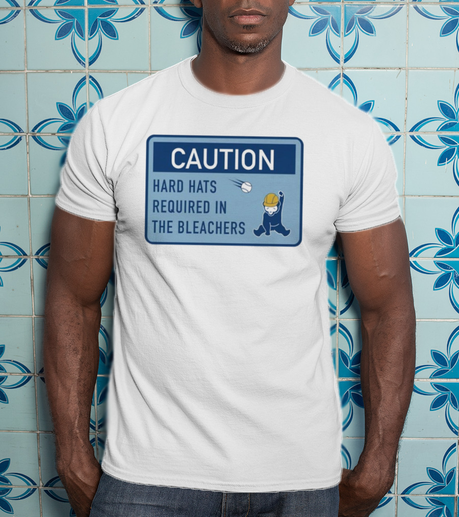 Caution: Hard Hats Required In The Bleachers With Cartoon Worker And Falling Object T-Shirt