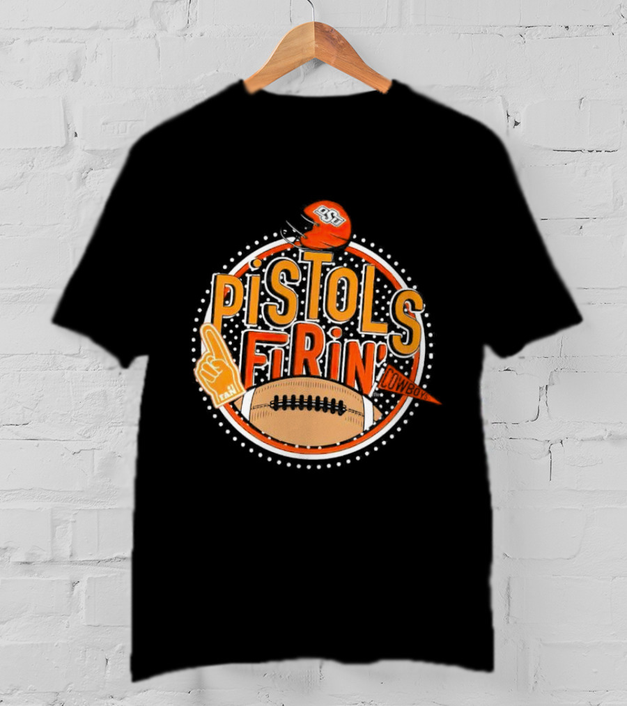 Pistols Firing OSU Cowboys Football Helmet And Foam Finger T-Shirt