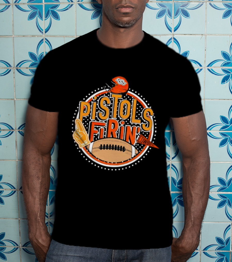 Pistols Firing OSU Cowboys Football Helmet And Foam Finger T-Shirt