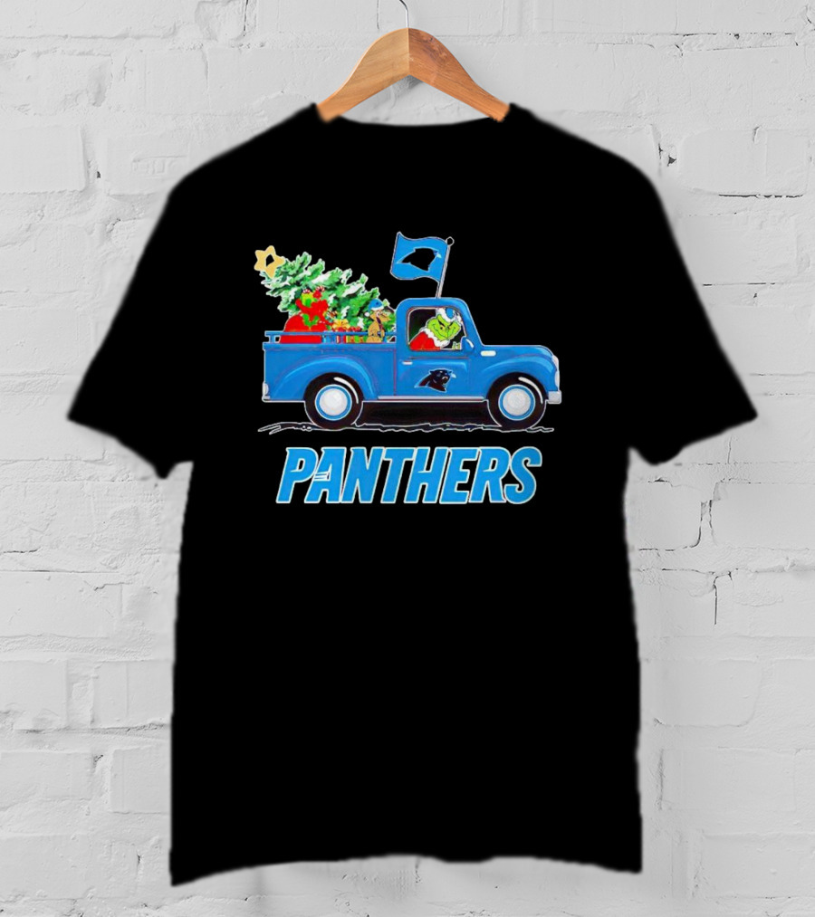 Grinch In Blue Christmas Truck With Carolina Panthers Logo And Tree T-Shirt
