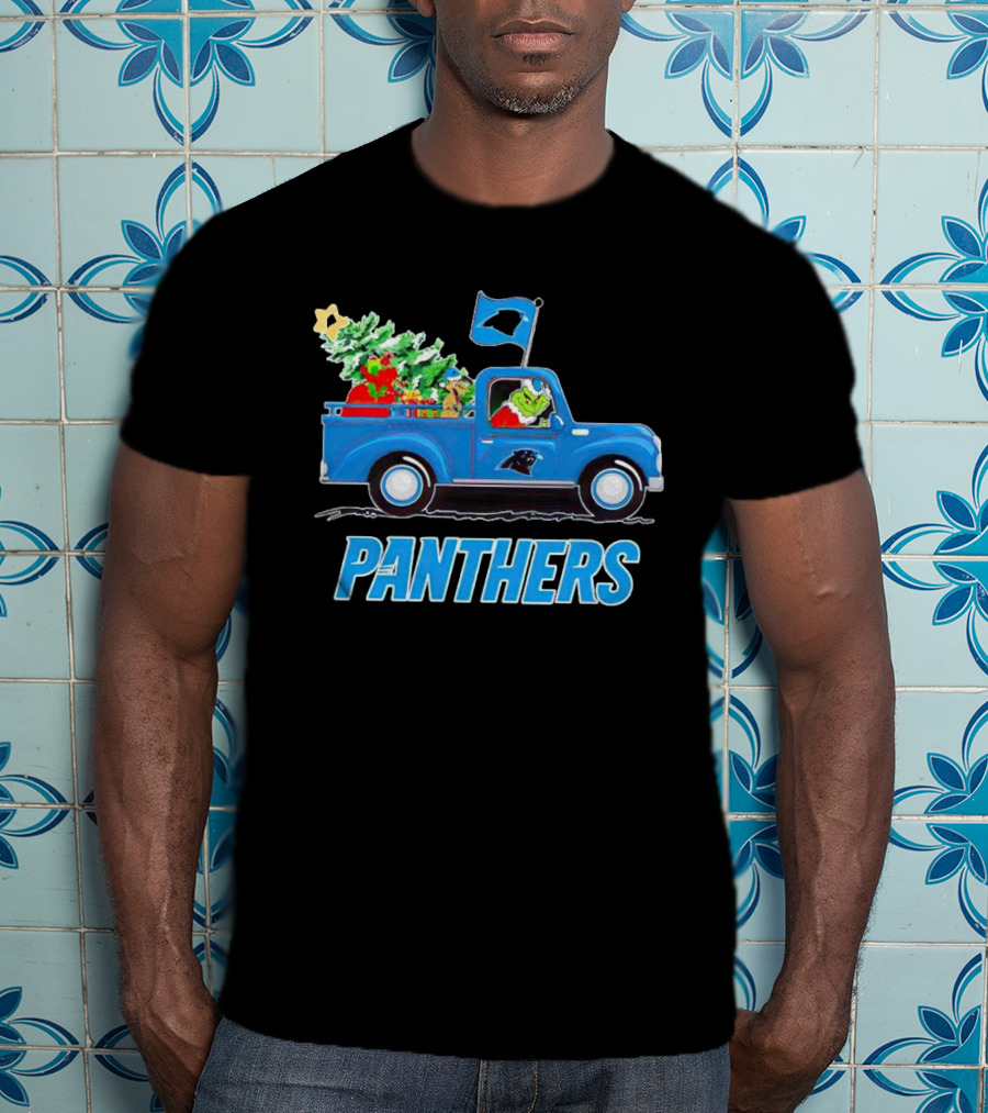 Grinch In Blue Christmas Truck With Carolina Panthers Logo And Tree T-Shirt