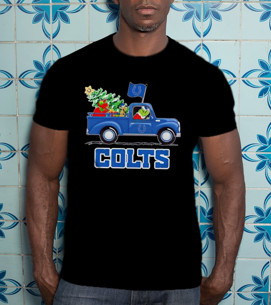 Grinch Driving Christmas Truck With Indianapolis Colts Logo And Tree T-Shirt