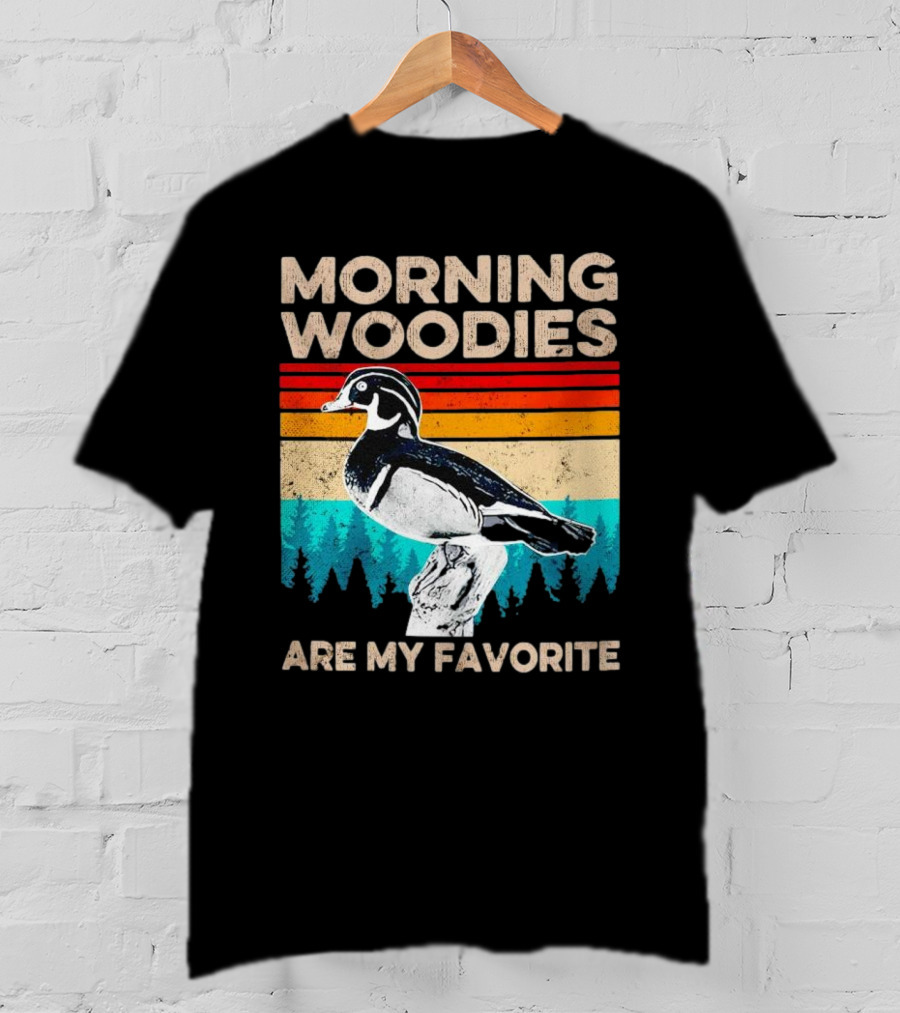 Morning Woodies Are My Favorite Vintage Duck Silhouette Retro Stripes Forest Pines T-Shirt