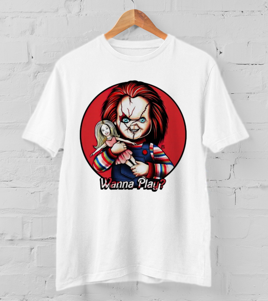 Chucky Holding Doll With Wanna Play? Text In Red Circle T-Shirt