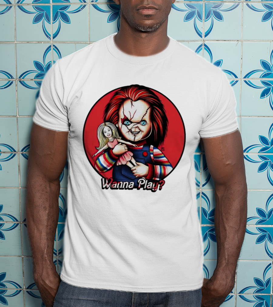 Chucky Holding Doll With Wanna Play? Text In Red Circle T-Shirt