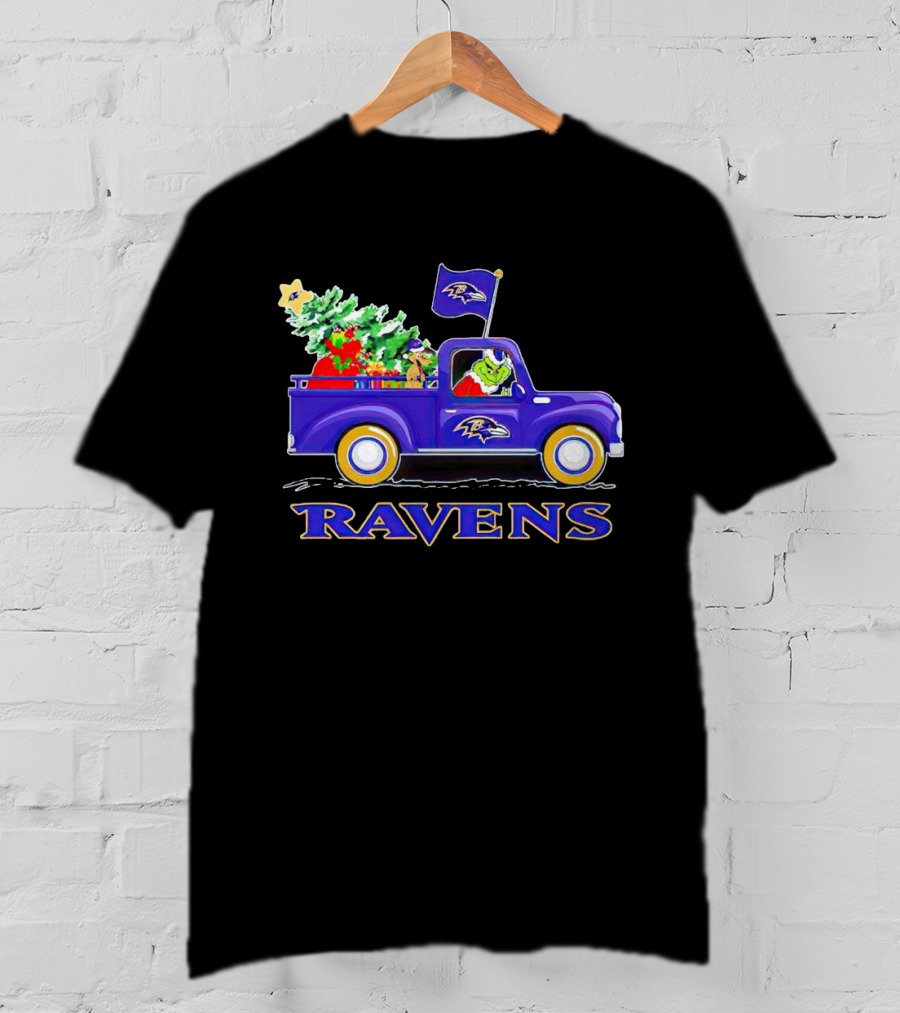 Grinch Driving Baltimore Ravens Christmas Truck T-Shirt