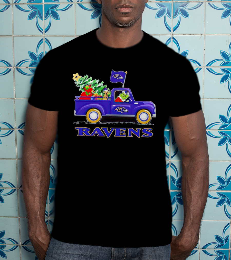 Grinch Driving Baltimore Ravens Christmas Truck T-Shirt