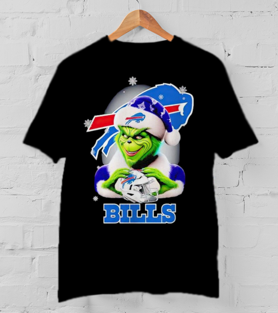 Grinch Love Buffalo Bills Christmas Santa Hat Snowflakes T-Shirt