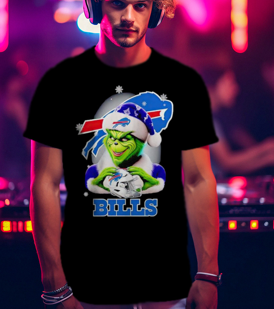 Grinch Love Buffalo Bills Christmas Santa Hat Snowflakes T-Shirt