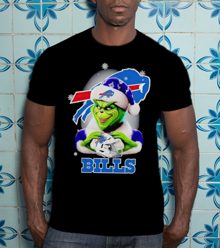 Grinch Love Buffalo Bills Christmas Santa Hat Snowflakes T-Shirt