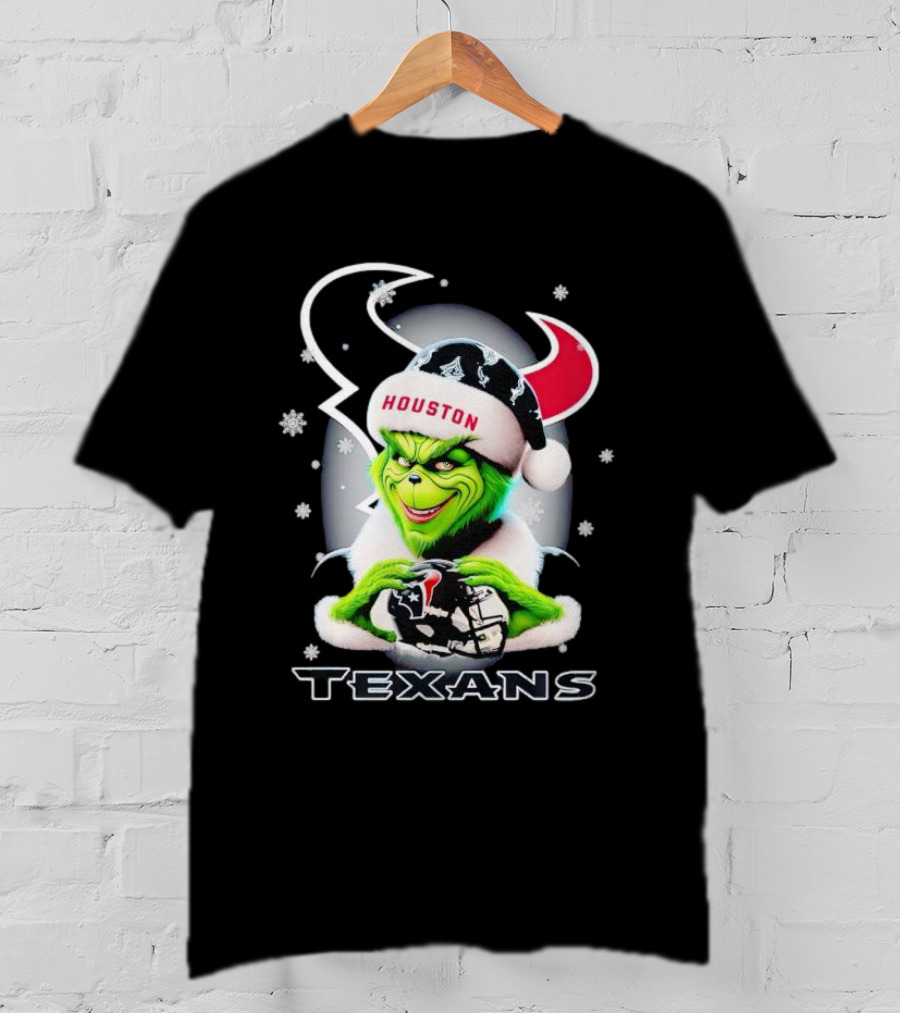 Grinch Houston Texans Christmas Football Holiday Snowflakes T-Shirt