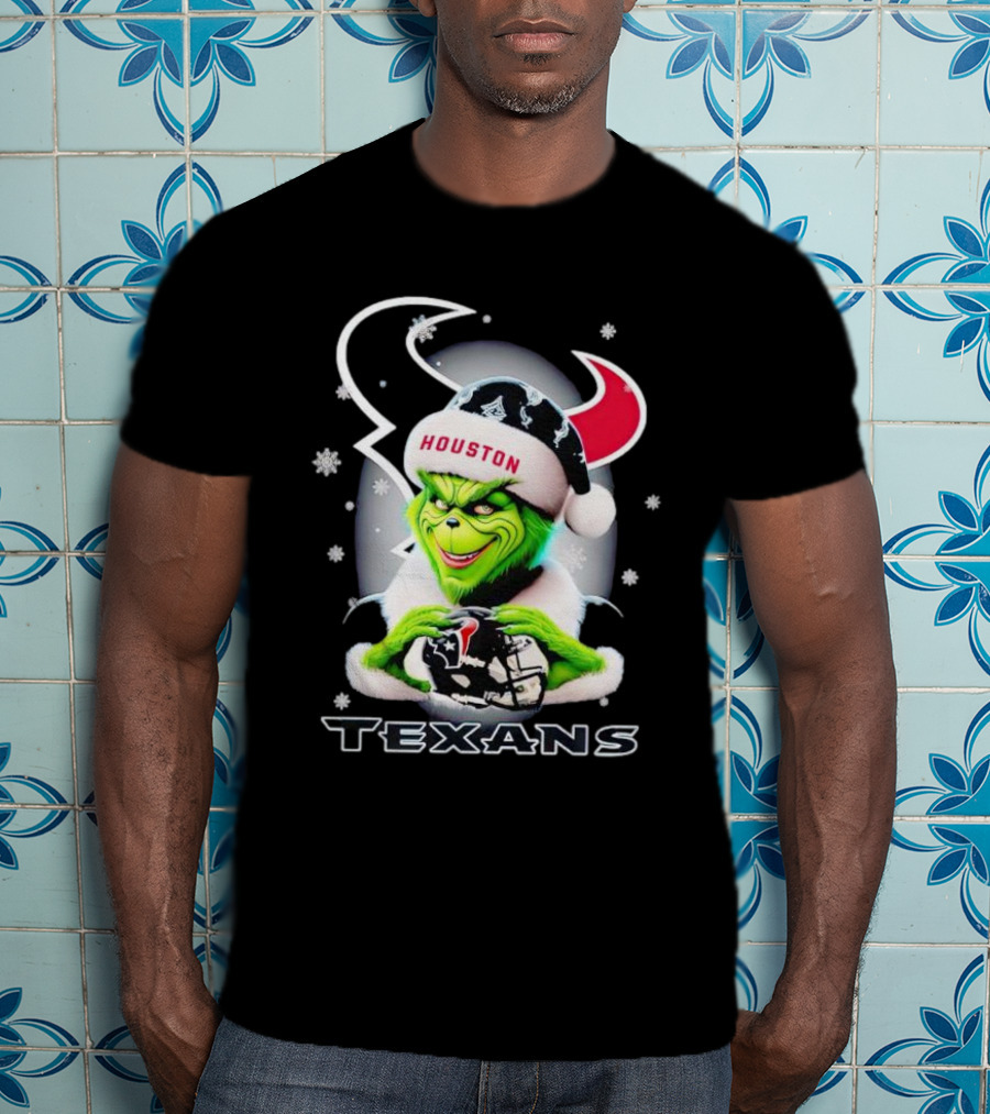 Grinch Houston Texans Christmas Football Holiday Snowflakes T-Shirt