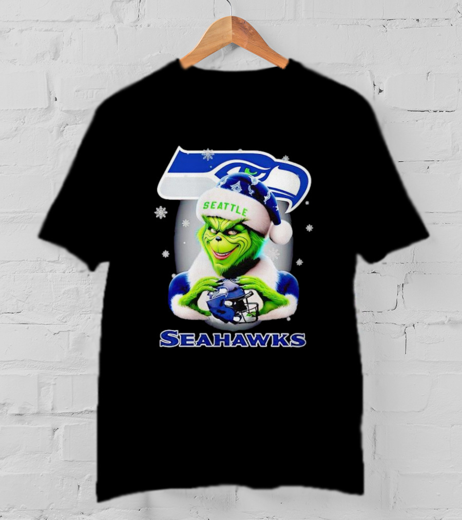 Seattle Seahawks Christmas Grinch Holding Football Helmet T-Shirt