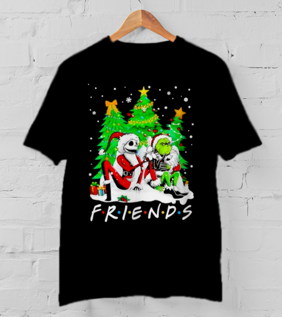 Friends Jack Skellington And Grinch Christmas Scene With Santa Outfits And Christmas Trees T-Shirt
