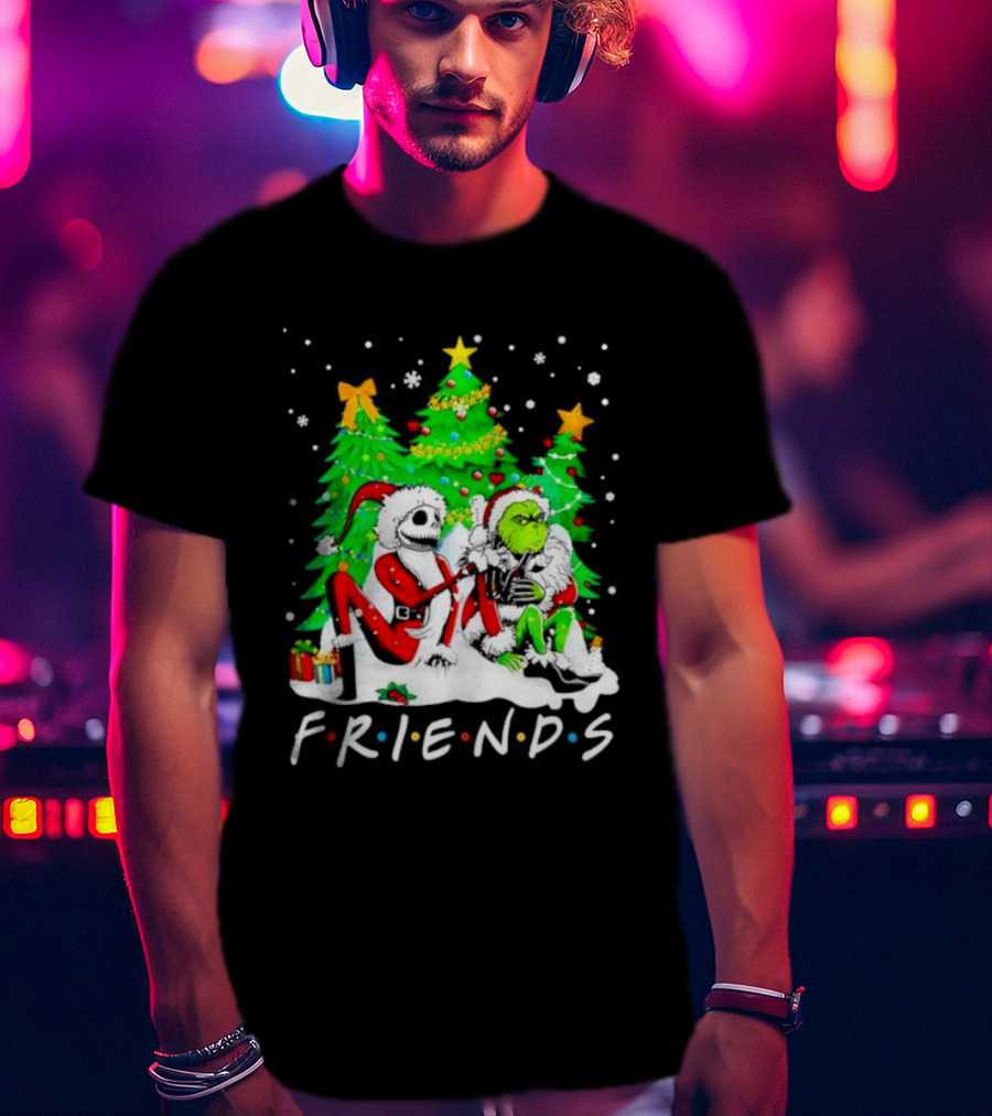 Friends Jack Skellington And Grinch Christmas Scene With Santa Outfits And Christmas Trees T-Shirt