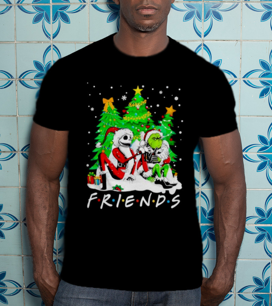 Friends Jack Skellington And Grinch Christmas Scene With Santa Outfits And Christmas Trees T-Shirt