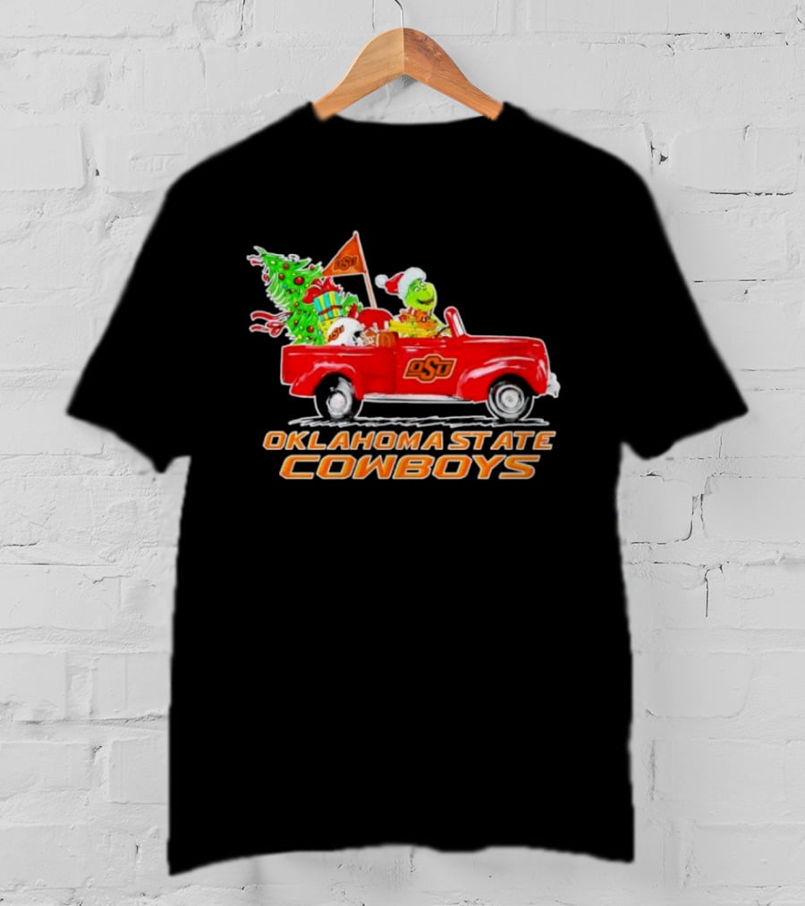 Oklahoma State Cowboys Christmas Grinch And Dog Driving Red OSU Car With Tree And Presents T-Shirt