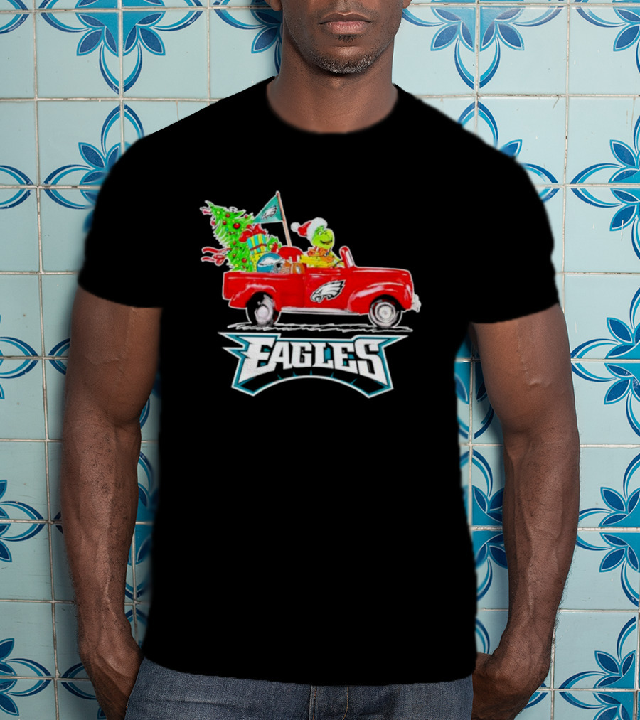 Grinch Dog Driving Red Truck Philadelphia Eagles Christmas Tree T-Shirt